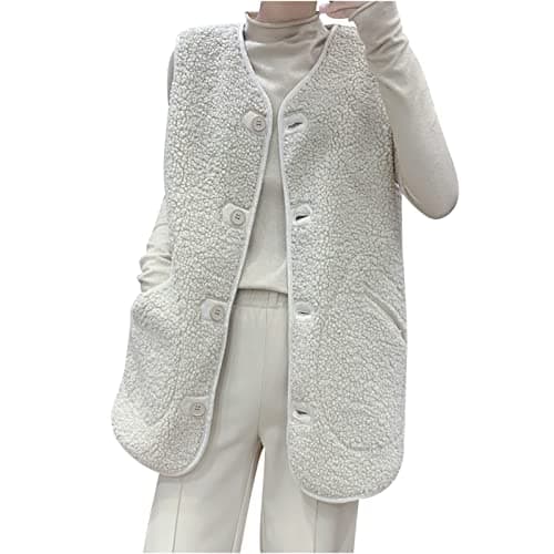 Image of OVARA Women's Fleece Gilet Longline Sleeveless Cardigans with Pockets Ladies Button Down Warm Thermal Vests Casual Elegant Comfy Sleeveless Teddy Jacket Long Gilets