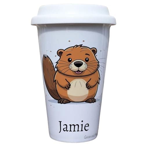 Image of Personalised Beaver Travel Mug, Gift for Wildlife Lover, Thank you present for Animal Spotter, Hot Drinks Flask, Insulated Coffee Cup