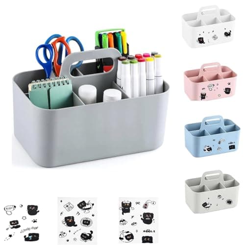 Image of Caddy Organizer with Handle, 5 Slots Multipurpose Storage Organiser, Stackable Cleaning Caddy with 3 Cat Stickers Pen Art Makeup Organiser for Bathroom, Office, Crafts (Light Grey, 25×15.4×17cm)