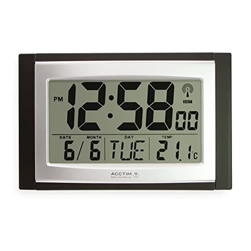 Image of Acctim Stratus radio controlled digital wall and desk clock with LCD display showing date day and temperature, battery powered kitchen or office clock with tabletop or wall mounting in black