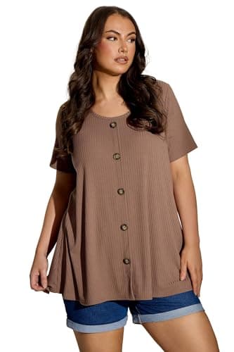 Image of Yours Curve Mocha Brown Button Front Ribbed Swing Top - Women's - Plus Size Curve
