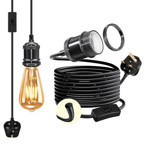 Image of Vintage Brass Plug in Hanging Light Fixture, 5 M Pearl Black Pendant Light Fitting, Thicken Round Cable Hanging Lamp,Copper E27 Lamp Holder with Switch,Industrial Plug in Ceiling Lighting for Loft
