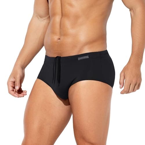 Image of Casey Kevin Men's Solid Swim Briefs Elastic Drawstring Board Surf Swimsuits Quick Drying Bikini Bottom Swimwear,Black,L