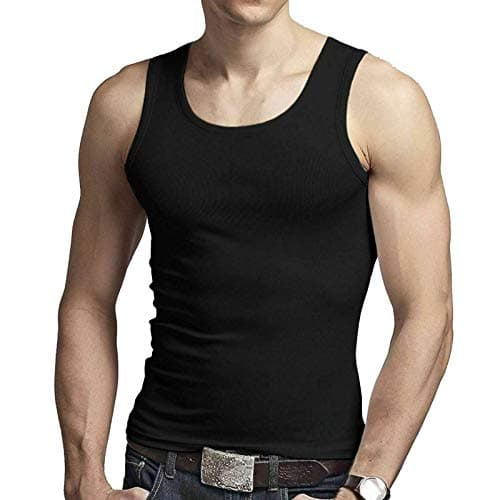 Image of Men's 100% Cotton Singlet Sleeveless Vests Bodybuilding Training Gym Tank Tops Basic Plain Colour Casual Undershirt (L, Black)