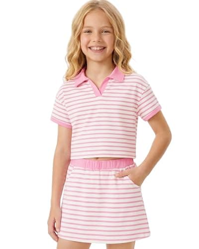 Image of Hotfiary Girls Two Piece Outfit Striped Matching Outfits Short Sleeve Polo Top and Elastic Skirt with Liner Shorts Summer Casual Set Tennis Activewear Sets for Teens 5-14Y Pink