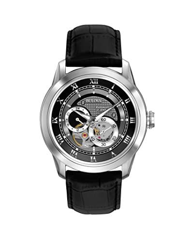 Image of Bulova Men's Classic Sutton 4-Hand Automatic Watch, 24-Hour Sub Dial, Open Aperture, Self-Winding, Exhibition Caseback, Double Curved Mineral Crystal, Luminous Hands, 42mm, Black Strap/Black Dial,