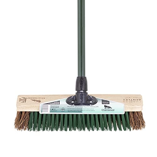 Image of CHARLES BENTLEY Broom, Charnwood, 16 inch, Utility Broom, with Scraper, for Garden & Outdoor, Maintenance, Premium Brushware, Green, FSC® 100% Wood, Bassine, PVC Bristles, Metal Scraper (141x40x7cm)