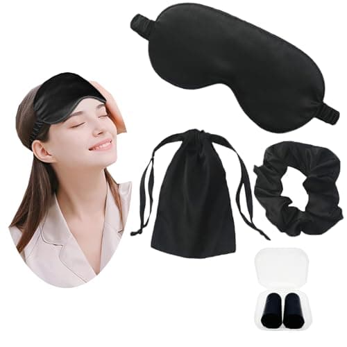 Image of JK Home Silk Eye Mask Travel Set with Pouch Earplug and Hair Scrunchies, Satin Sleep Mask Soft Eye Cover Eyemask for Women Men Blackout with Elastic Strap for Night Travel Nap Black