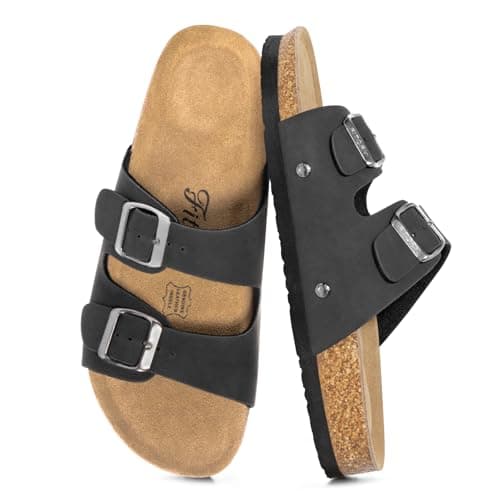 Image of FITORY Womens Flat Sandals with Cork Footbed, Open Toe Slides Adjustable Slip On Slippers for Summer Matte Black Size 5