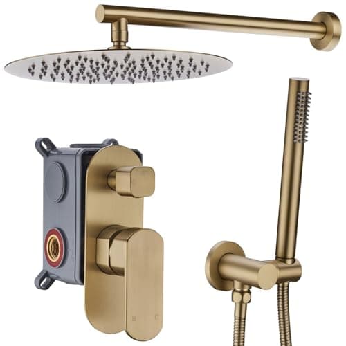 Image of Brushed Gold Brass Shower Set, Concealed Mixer Valve System, Bathroom 12 Inch Rainfall Shower Head Round Handheld 2 Function Kit