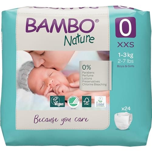 Image of Bambo Nature Premium Eco Nappies, Premature Size 0 (2-7lb/1-3kg), XXS, Pack of 24, Eco-Labelled Nappies, Enhanced Leakage Protection, Secure and Comfortable Baby Nappy