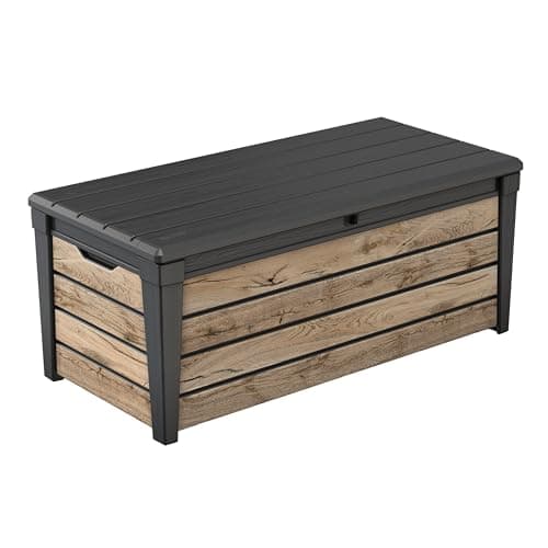 Image of Keter Brightwood Garden Box, 454 Litres, Wood Look Pine, Lid with Gas Lifts, Maximum Load 300 kg, Weatherproof, Waterproof, UV-Resistant, Cushion Box Made of Plastic