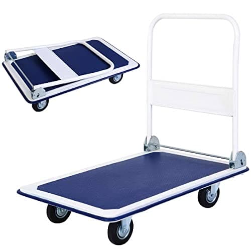 Image of COSTWAY 150kg/300kg Folding Platform Trolley, Heavy Duty Hand Sack Truck with Handle & Bumper Strips, Rolling Flatbed Cart Dolly for Easy Transportation (Blue+White, 90x60x88cm, 300kg Capacity)