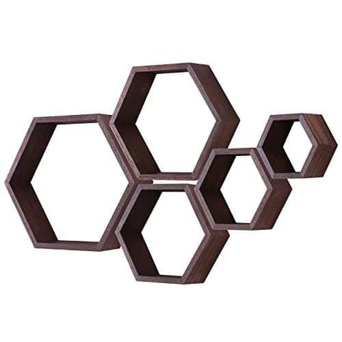 Image of PHOENANCEE Set of 5, Hexagon Floating Shelves, Wooden Wall Mounted Hexagonal Shelf, Solid Wood Decorative Hanging Shelf for Bedoom, Living Room, Office, Home Decor(Dark Walnut)