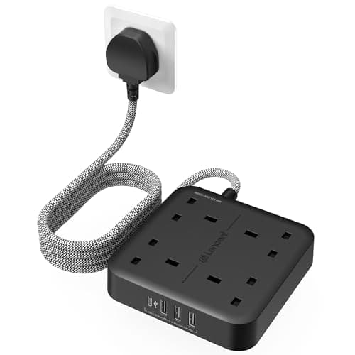 Image of LENCENT Extension Lead with USB C Port, 4 Way Outlets Power Strip with 1 USB-C and 3 USB Slots, Multi Power Plug Extension with 1.8M Braided Extension Cord for Home Office 3250W- Black