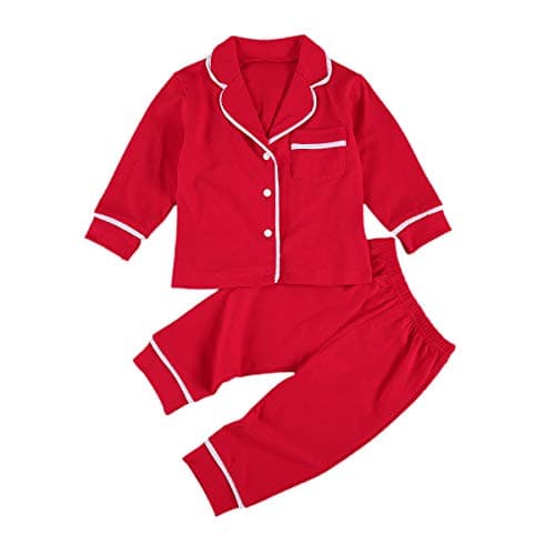 Image of Qianderer Kids Baby Boy Girl Pajamas Set Long Sleeve Button Down Shirt Top Pants Sleepwear Nightwear Homewear Loungewear Set (Ca Solid Red, 18-24 Months)