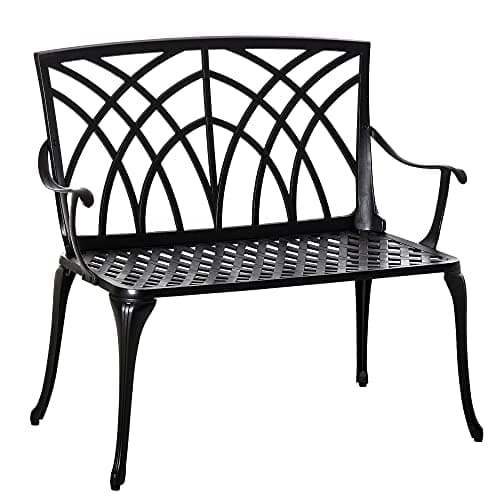 Image of Outsunny 2-Seater Cast Aluminium Garden Bench Loveseat Outdoor Furniture Chair w/Decorative Backrest & Ergonomic Armrest for Patio Terrace Porch