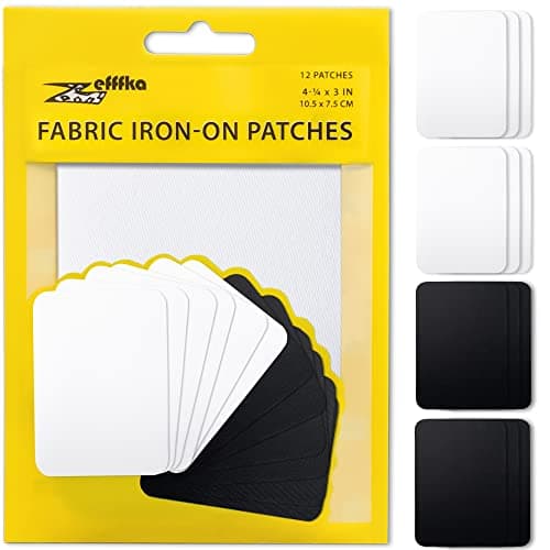 Image of ZEFFFKA Fabric Iron-on Patches Inside & Outside Strongest Glue 100% Cotton Black and White Repair Decorating Kit 12 Pieces Size 3" by 4-1/4" (7.5 cm x 10.5 cm)