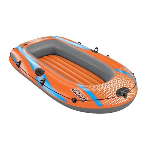 Image of Bestway Inflatable Boat, Kondor Elite 2000, One-man Raft Heavy Duty Handles, Interlocking Valves 1.96m x 1.06m / 6’5” x 42”, Orange, Blue and Grey
