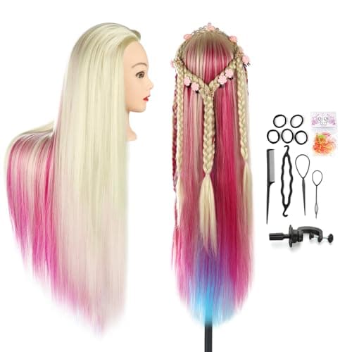 Image of Auzass Hairdressing Head, Soft 26-28Inch Styling Head 100% Synthetic Fiber Hair Mannequin Head, Hairdressers Training Dolls Head for Girls Kids with Table Clamp+Braid Set