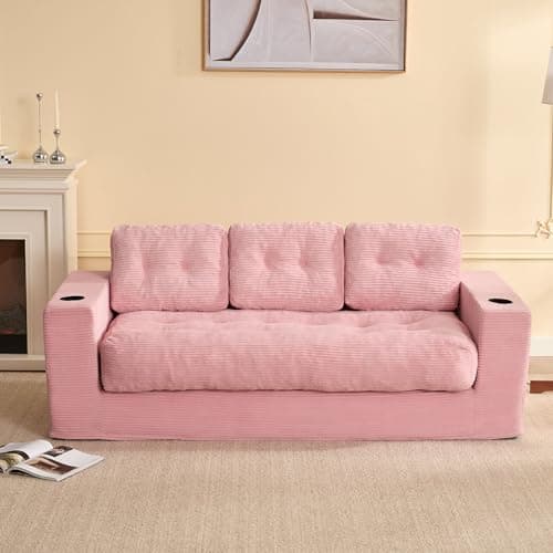 Image of Litbird 3 Seater Couch for Living Room, Space-Saving Boneless Sofa in a Box with Cushions & Cup Holders, Corduroy Floor Sofa with Backrest, No Assembly Required, for Small Spaces & Teens,Pink