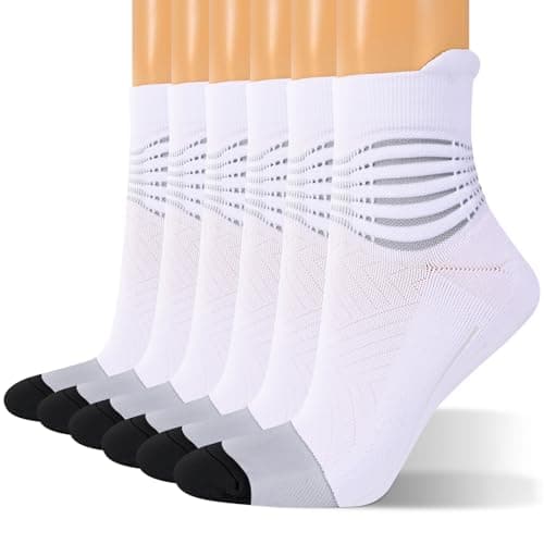 Image of IRAMY Compression Ankle Support Running Socks for Women Men Trainer Wicking 3 Pairs Athletic Cushioned Plantar Fasciitis Socks White L