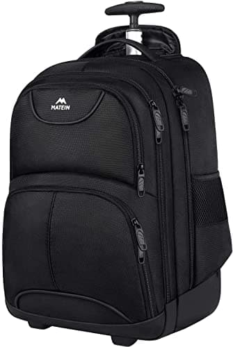 Image of MATEIN Travel Backpack with Wheels, Rucksack with Wheels Cabin Size Wheeled Backpack 17inch Laptop Trolley Business Cabin Bag Carry On Suitcase Hand Luggage School Backpack for Women, Men, Uni, Black