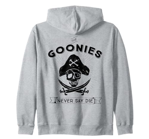 Image of The Goonies Never Say Die Skull Pirate 80s Fun Classic Logo Zip Hoodie