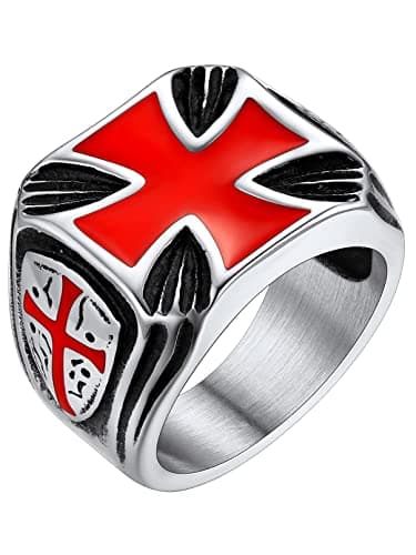 Image of FaithHeart Knights Templar Cross Rings, Stainless Steel Mens Thumb Ring Size T 1/2, Masonic Medieval Finger Jewelry