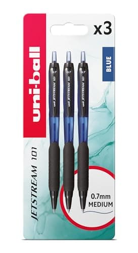 Image of uni-ball Jetstream 101 Retractable Blue Ballpoint Gel Pens. 0.7mm Tip. Back To School Stationery, Smooth Writing and Colouring. Water Resistant Uni Super Ink Dries Instantly. 3pc