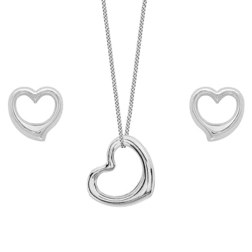 Image of CARISSIMA Women's 9 ct White Gold Open Heart Stud Earrings and Pendant Set on Curb Chain Necklace of 46 cm/18 inch