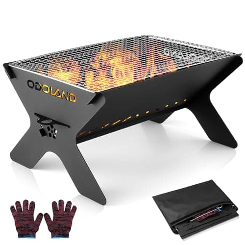 Image of Odoland Camping Fire Pit, Portable Fire Pit for Camping, 2 in 1 Wood Burning Fire pit Grill with Detachable Cooking Grate for Outdoor BBQ, with Carry Bag Large