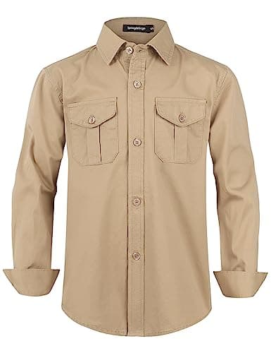 Image of Spring&Gege Boys' Solid Long Sleeve Western Shirts Woven Button-Down Shirts for Kids Two Pockets, Khaki, 13-14 Years
