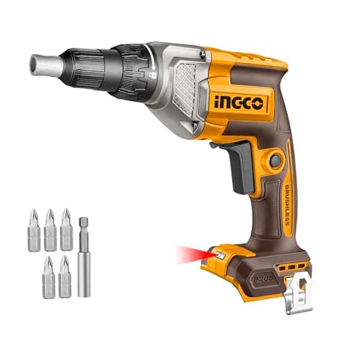 Image of INGCO 20V Cordless Drywall Screwdriver (Body Only), Brushless Motor, Adjustable Depth, 4200RPM with 5Pcs Screwdriver Bits,1Pcs Bit HolderCDSLI20428