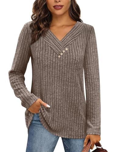Image of Desol V Neck Jumpers for Women UK Long Sleeve Tunic Tops Cosy Lightweight Thin Going Out Ladies Trendy Fashion Sweaters Brown M
