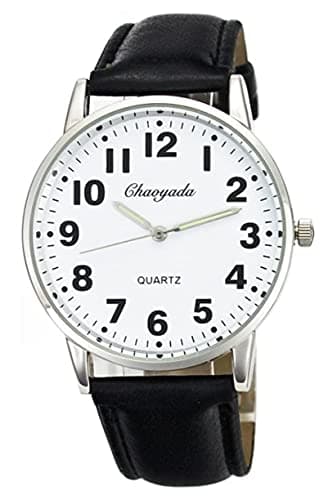 Image of Men Women Casual Simple Black White Leather Deals Large Numbers Analog Quartz Wrist Watch, black, Quartz Movement