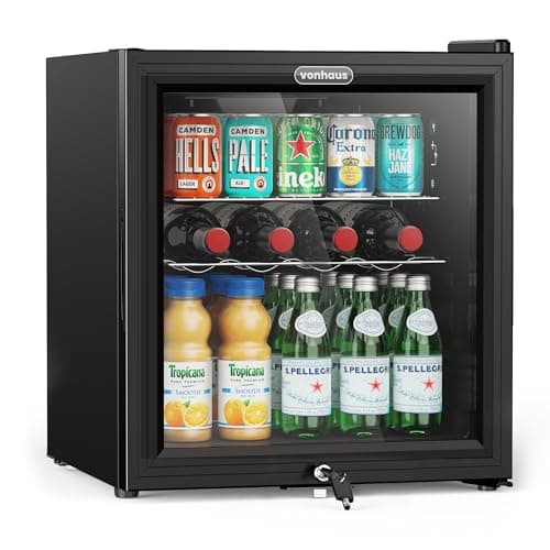 Image of VonHaus Drinks Fridge 50L – Mini Beer & Wine Fridge with Reversible Glass Door & LED Light, Auto Defrost, 0-20°C, Lock & Keys, Table Top Drinks Refrigerator with 43L Net Capacity