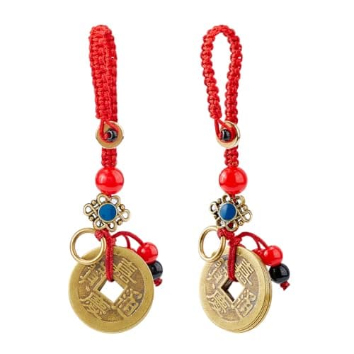 Image of SUPERFINDINGS 2PCS Feng Shui Coin keychain Chinese Good Luck Coins Keychains Lucky Keyring with Red Cord Key Chain with Five Emperors Money Good Luck Pendants, 11.3cm