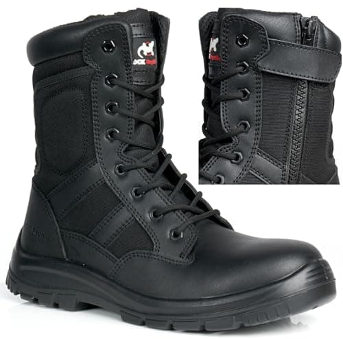 Image of Taskforce Mens Black Leather Combat Safety Boots Steel Toe Cap Work Lightweight Military Patrol Shoes S1P SRC Zip/Lace Up Ankle Size (8)