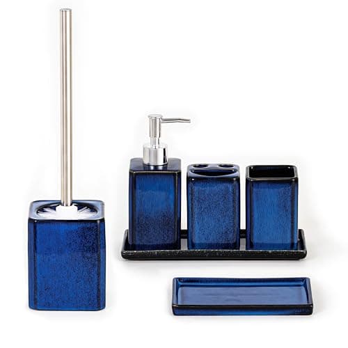 Image of Home Harbour Zen Essence Collection | 6-Piece Blue Bathroom Accessories Set | Soap Dispenser, Toothbrush Holder, Tumbler, Vanity Tray, Multipurpose Holder & Toilet Brush Holder Ceramic (Set of 6 Blue)