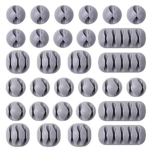 Image of URAQT Cable Clips Holders, 30 Pcs Cable Tidy Clips Cord Organiser Clips, Silicone Adhesive Desktop Cord Holder, Charging Cord Cable Management for Home Office Car and Desk, Grey