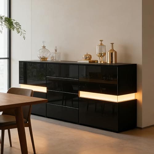 Image of Senvoziii LED Sideboard Storage Cabinet Cupboard Unit 2 Doors 4 Drawers High Gloss TV Stand Unit for Dining Room Living Room Kitchen