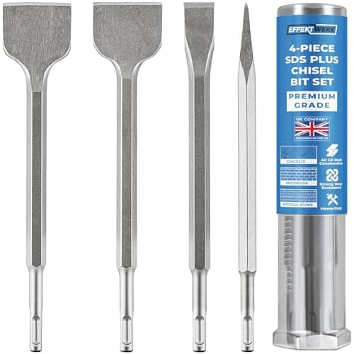 Image of EffektWerk - SDS Plus Chisel Bit Set - 4 Pc - 1 Flat, 1 Pointed, 1 Scaling & 1 Tile Chisel - Heavy-Duty for Concrete Demolition & Masonry Removal - Use with Hammer & Impact Drills