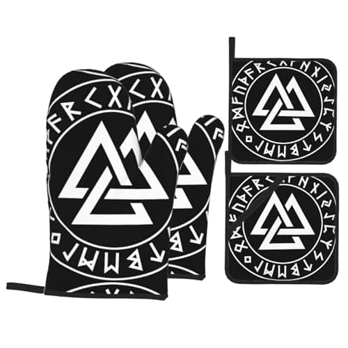 Image of Oven Mitts And Pot Holders Viking Norse Mythology Pagan Asatru Magical Rune Potholders Heat Resistant Gloves With Placemat Kitchen Essentials Pot Holders For Cooking Baking Microwave Set Of 4