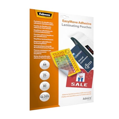 Image of Fellowes Laminating Pouches (A4) – Glossy Finish – 25 Sheets, 80 Micron (EasyMove) Adhesive‑Backed Laminating Pouch – Ideal for Signs, Notices & Display Documents