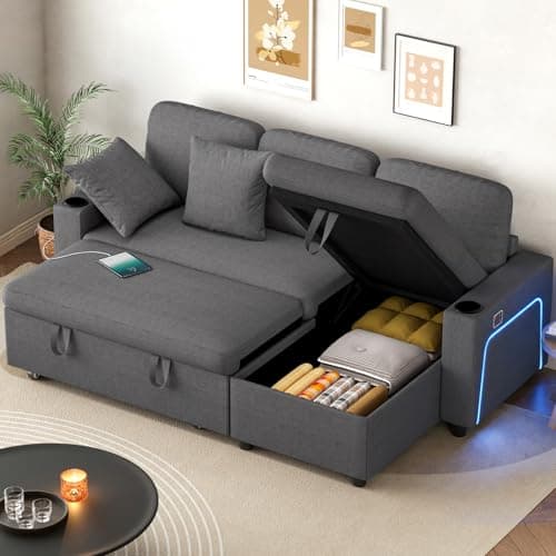 Image of Hadibio Corner Sofa Bed, Convertible L-Shaped Sofa with Storage, Led Lights, USB & Type-C Ports, 2 Cup Holders and 2 Cushions, 3 Seater Linen Pull Out Sofa Couch Bed for Living Room, Bedroom, Grey