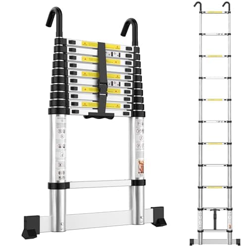 Image of Telescopic Ladder 3.32m (Height with Hooks), Aluminium Extension Extendable Loft Ladder, Portable Ladders with Stabilizer Bar for Roof Loft Caravans