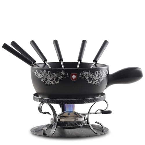 Image of Artestia Cheese & Chocolate Fondue Pot Set, 2.1 Quart Ceramic Swiss Design Fondue Set for 6 with Burner & Forks, Stove Top Safe, Perfect for Party, Family Gathering & Gift