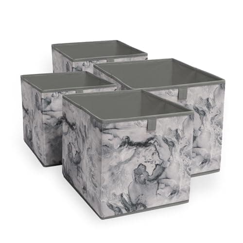 Image of OHS Set of 4 Fabric Storage Baskets, Grey Marble Print Storage Boxes Home Organiser Toys Clothing Bathroom Pop Up Collapsible Foldable Space Saving Cube Storage