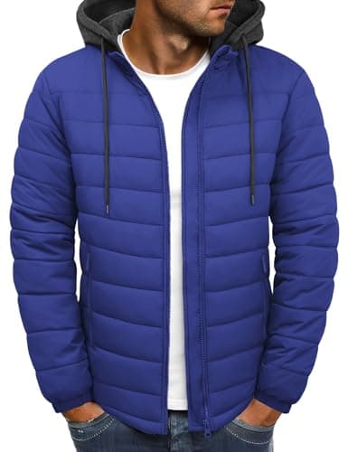 Image of Lonya Mens Puffer Jacket Lightweight Puffy Padded Coat Warm Hooded Autumn Winter Windproof Quilted Jacket for Men Zip Up with Pockets for Hiking Camping Travelling, Blue, M